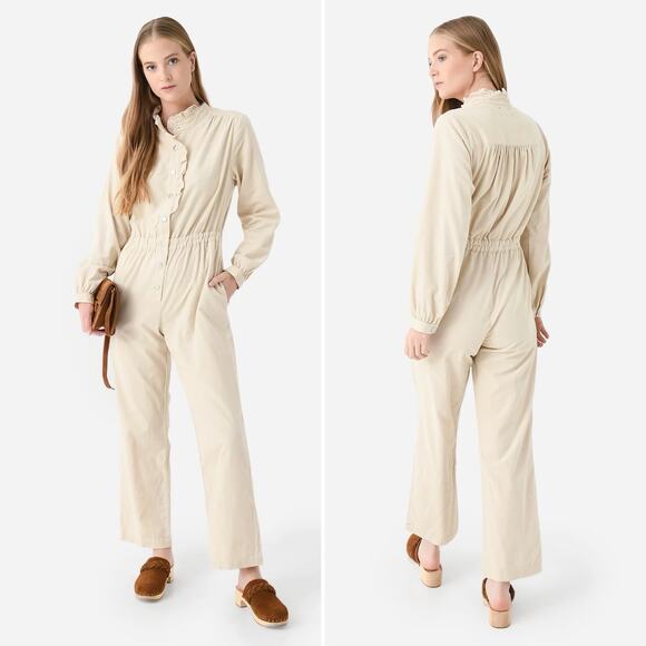Xirena Harlee Jumpsuit Size Small Bisque Cream Corduroy Ruffle High Neck Chic - Picture 1 of 16